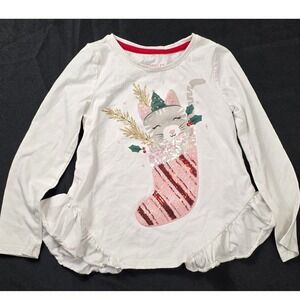 Kids Jingle & Joy White Long Sleeve Cat Christmas Stocking Sequin Ruffle 5-6